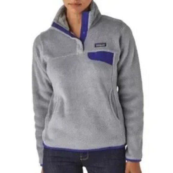 Patagonia Sweater Womens M Gray Blue Re-Tool Snap-T Pullover Fleece Pocket - Picture 1 of 15